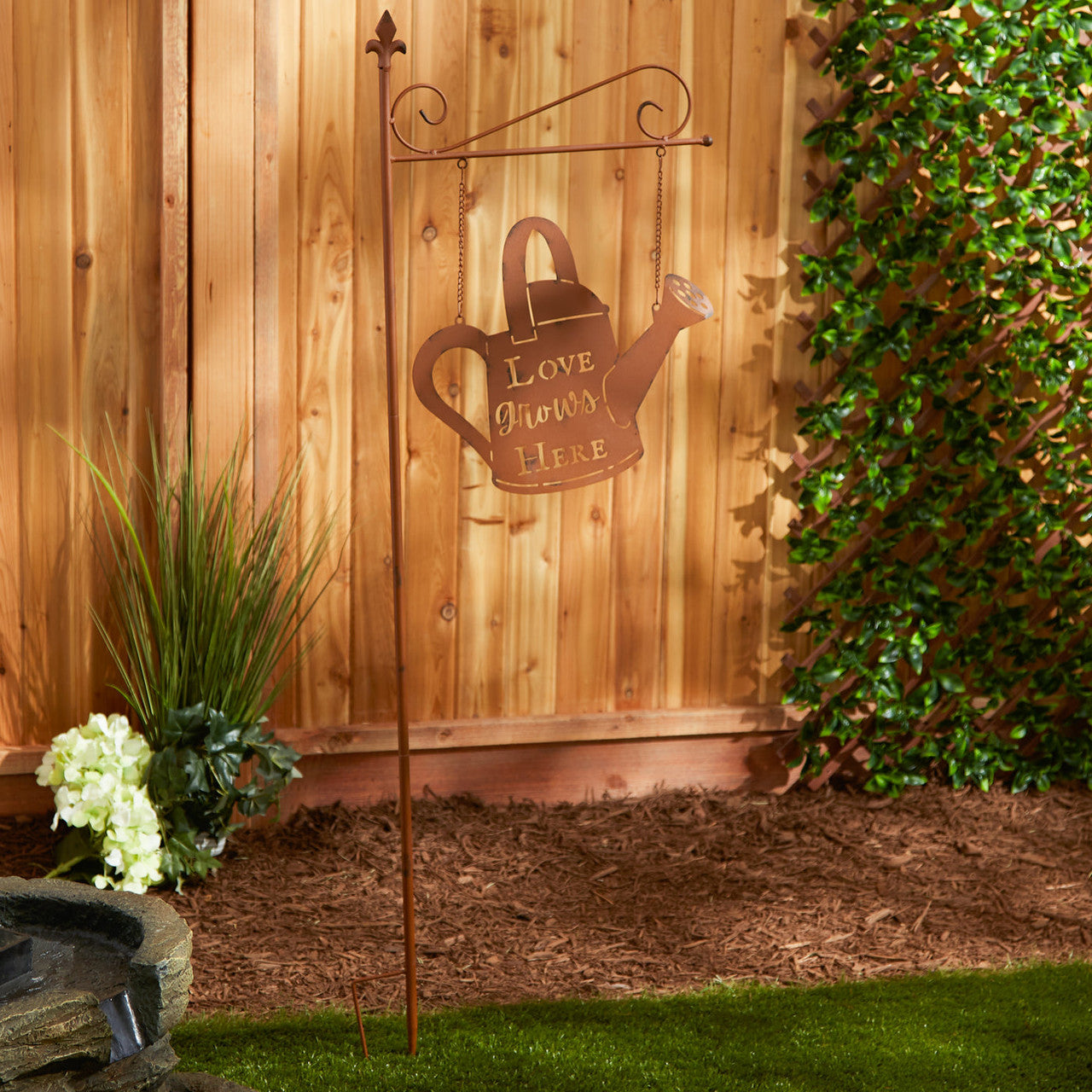 Love Grows Here Iron Garden Stake with Watering Can-2