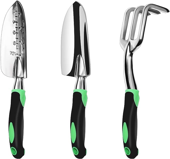 ZUZUAN Garden Tool Set, 3 Pack Aluminum Heavy Duty Gardening Kit Includes Hand Trowel, Transplant Trowel and Cultivator Hand Rake with Soft Rubberized Non-Slip Ergonomic Handle, Garden Gifts