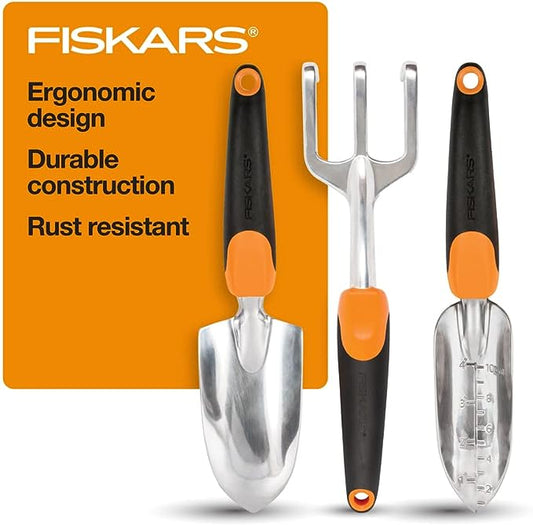 Fiskars 384490-1002 Garden Scratch Tool Set with Shovel, Hand Rake and Spade for Weed Removal, Digging, Gardening, Black/Orange