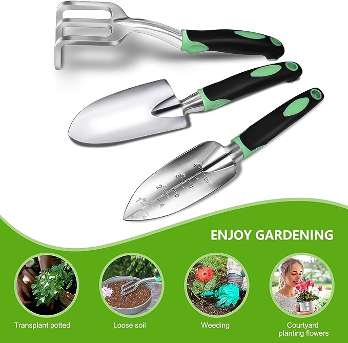 ZUZUAN Garden Tool Set, 3 Pack Aluminum Heavy Duty Gardening Kit Includes Hand Trowel, Transplant Trowel and Cultivator Hand Rake with Soft Rubberized Non-Slip Ergonomic Handle, Garden Gifts