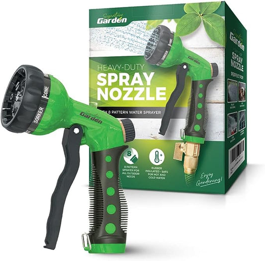 Signature Garden Heavy-Duty Water Hose Spray Nozzle - Comfort-Grip Hose Attachment - 8 Different Spray Patterns - Garden Hose Nozzle for Watering Lawns & Gardens, Washing Cars & Pets (Green)