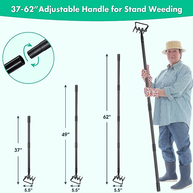 Stirrup Hoe and Cultivator for Weeding, 2 in 1 Heavy Duty Action Hoe with 62 Inch Adjustable Handle Scuffle Garden Hula Hoe with Rake, Metal Weeding Loop Stirrup Hoe for Weed Puller and Loosening Soil