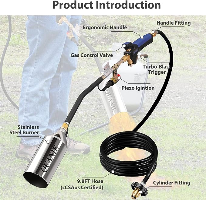 Propane Torch Burner Weed Torch High Output 800,000 BTU with 9.8FT Hose,Heavy Duty Blow Torch with Flame Control and Turbo Trigger Push Button Igniter,Flamethrower for Garden Wood Ice Snow Road (Blue)