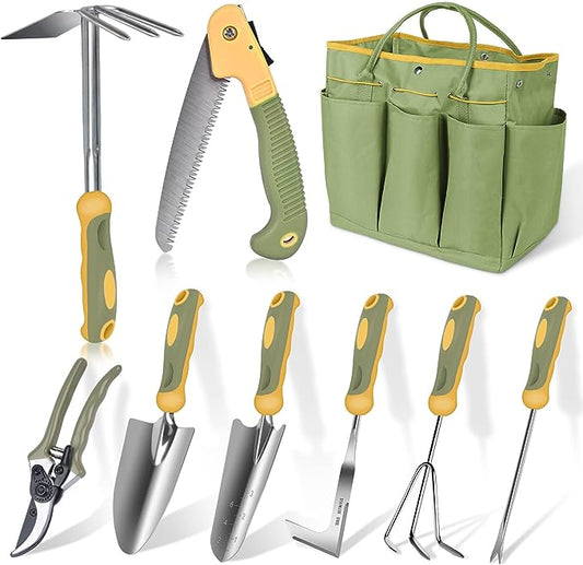 Garden Tool Set, WisaKey 9 Piece Stainless Steel Heavy Duty Green Gardening Tools with Non-Slip Ergonomic Handle, Durable Garden Tool Bag, Ideal Gardening Hand Tools, Gardening Gifts for Women and Men