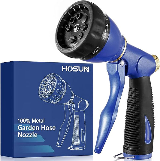 HOSUN Garden Hose Sprayer Nozzle 100% Heavy Duty Metal, Water Hose Nozzle with 8 Different Spray Patterns, High Pressure Hose Spray Nozzle for Watering Plant & Lawn, Washing Car & Pet
