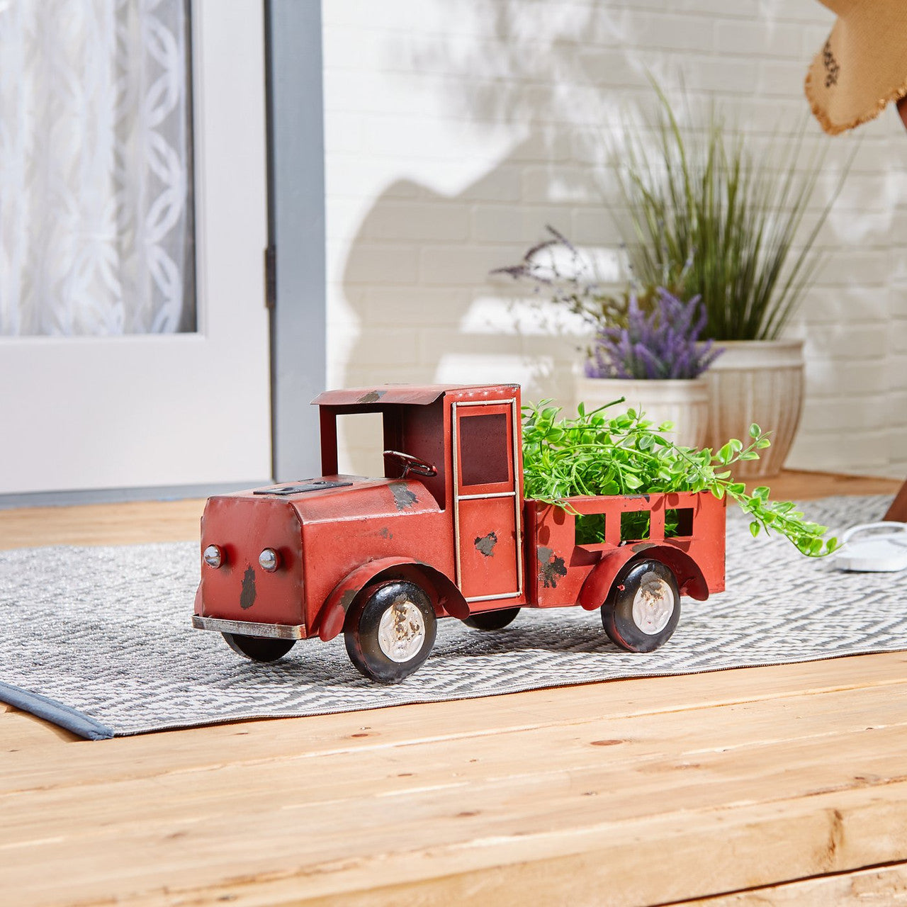Metal Red Truck Planter with Solar-Powered Headlights-1
