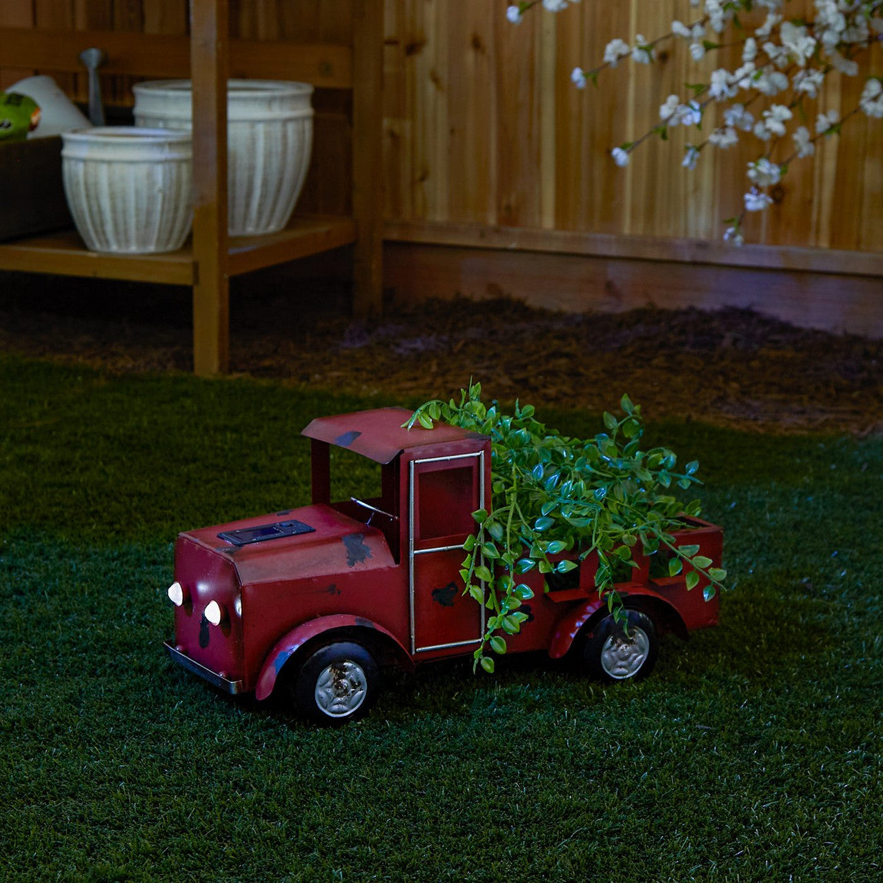 Metal Red Truck Planter with Solar-Powered Headlights-2