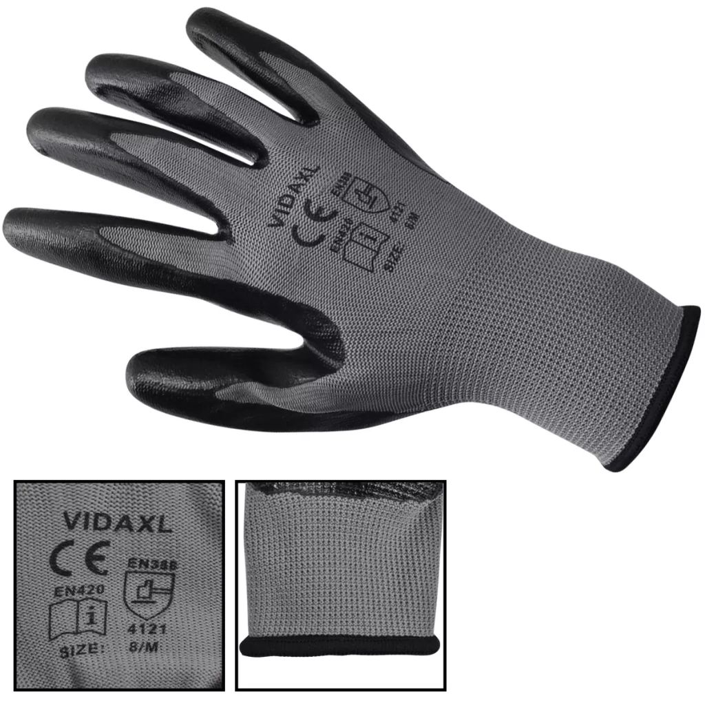 vidaXL 24x Work Gloves Nitrile Safe Gray and Black/Gray and White Multi Sizes-2