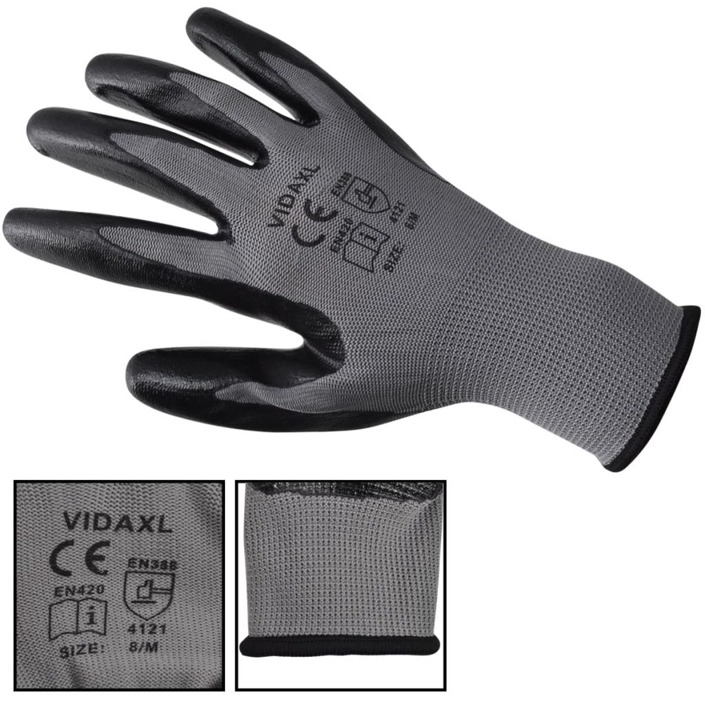 vidaXL 24x Work Gloves Nitrile Safe Gray and Black/Gray and White Multi Sizes-5