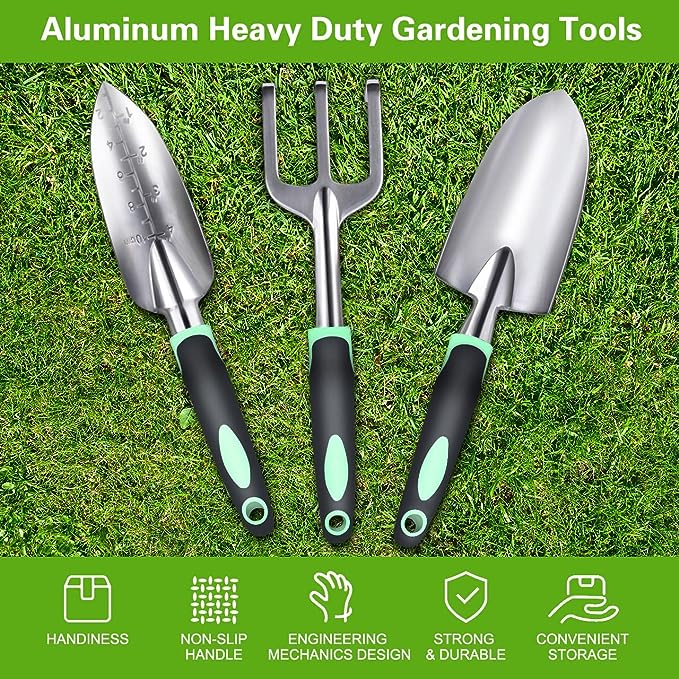 ZUZUAN Garden Tool Set, 3 Pack Aluminum Heavy Duty Gardening Kit Includes Hand Trowel, Transplant Trowel and Cultivator Hand Rake with Soft Rubberized Non-Slip Ergonomic Handle, Garden Gifts