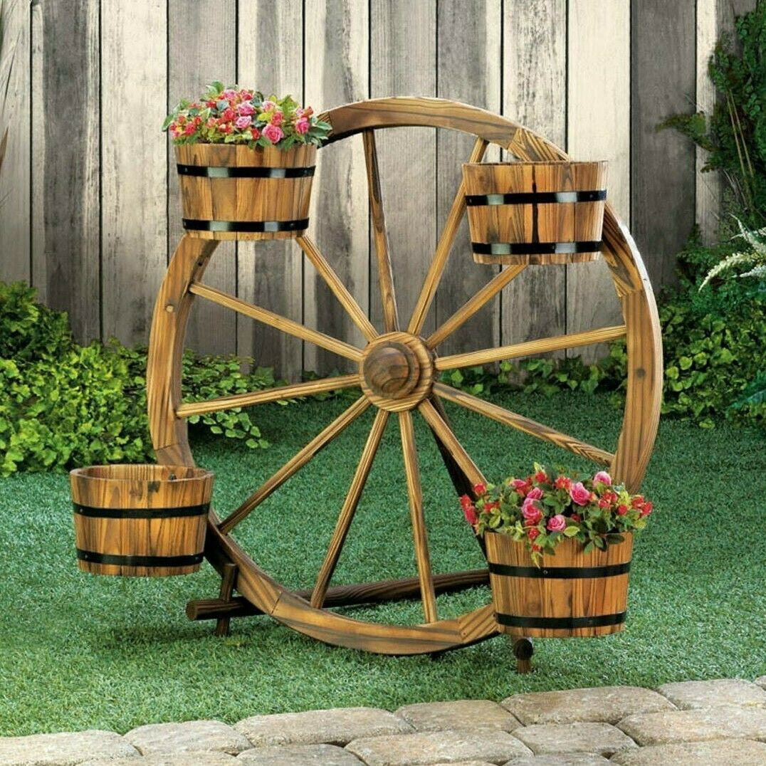 Wood Wagon Wheel Plant Display-1